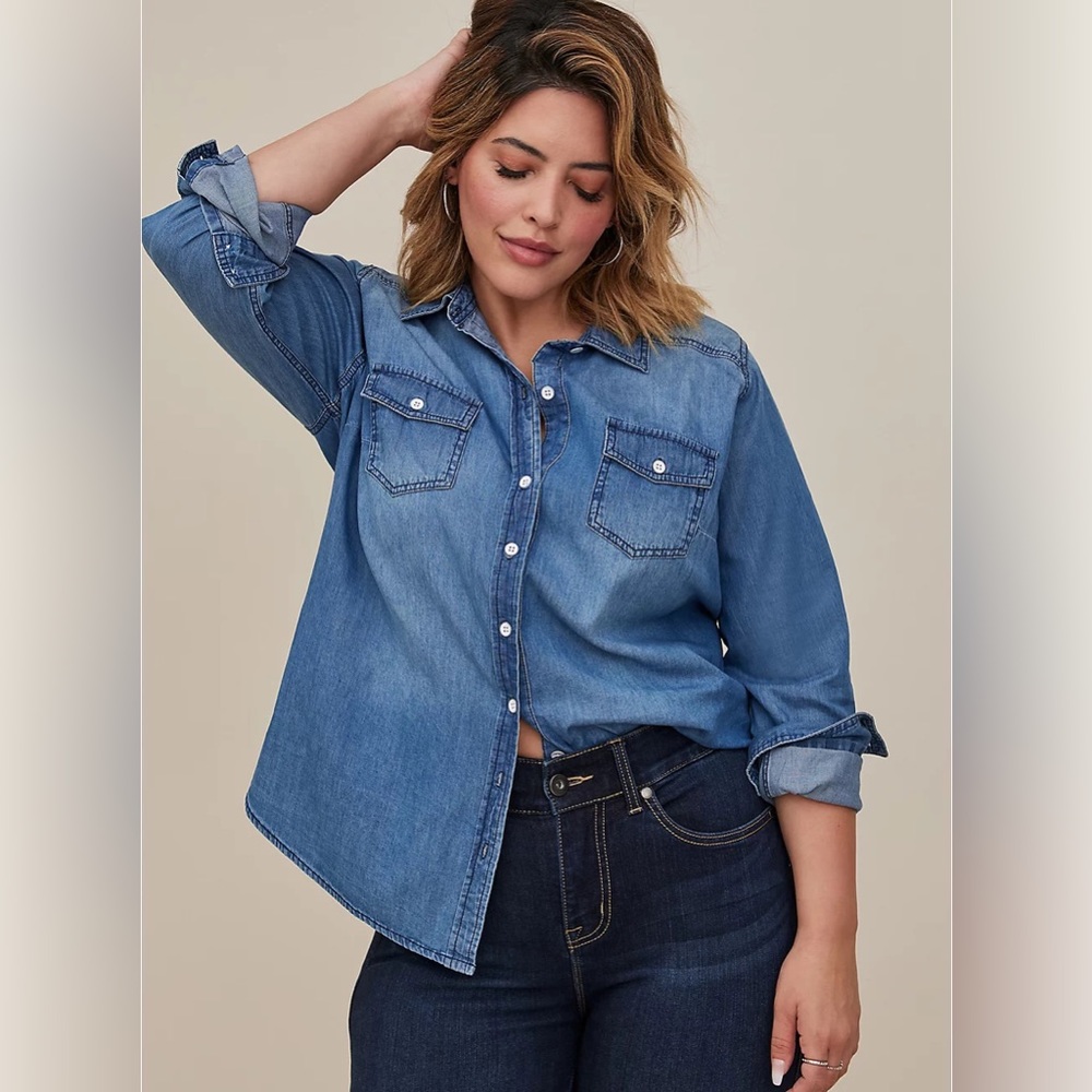 Torrid medium wash denim button up shirt 1